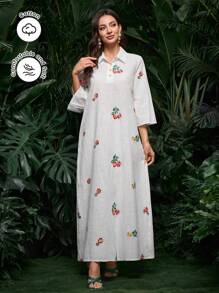 Al Najma 女式花卉印花 Polo 领 3/4 袖阿拉伯长袍连衣裙，阿拉伯连衣裙，端庄 - 彩色 - 查看 3