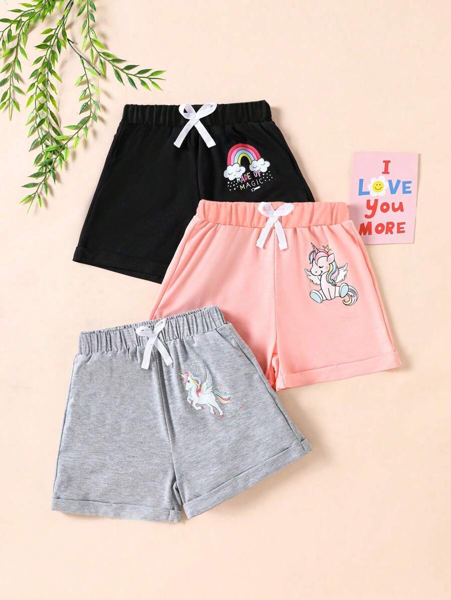 SHEIN 3pcs/Set Girls Cute Cartoon Rainbow Unicorn Printed Shorts, Suitable For Sports, Home & Daily Wear, Summer