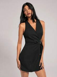 SHEIN Forever 21 Roupas de verão / Trajes femininos de negócios / Trajes de formatura / Trajes de treino femininos / Elegantes / Trajes femininos casuais / Roupas de verão / Vestido curto sem mangas com acabamento em metal e renda preta - Preto - Ver 4