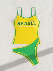 Swim SPRTY 2pcs/Set Women Contrast Trim Cami Strap Tankini Set, Summer Vacation Beach Swimming Sportswear, Festival Boho - Multicolor - View 3