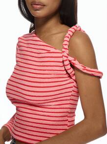 MISSGUIDED Blusa de manga larga con detalle de giro, de un hombro asimétrico a rayas, de uso casual de verano, esencial de primavera, ropa de oficina básica para uso diario