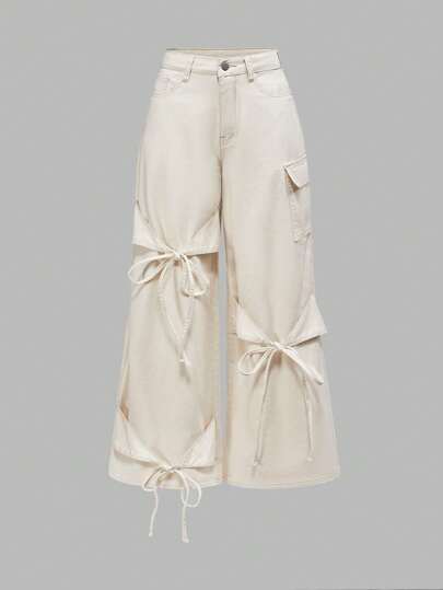 Kawaii Jeans anchos y sueltos de mujer con diseño de moño, versátiles y dulces