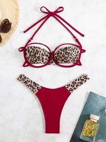 Swim SXY 2 件套随机印花性感系带分体比基尼上衣和豹纹拼布纯色丁字裤女式泳衣 - 酒紅色 - 查看 3