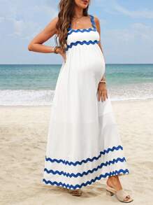 SHEIN Maternity Vacation Casual Contrast Color Webbing Decor Cami Dress - White - View 3