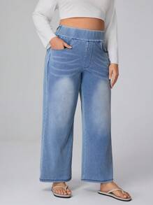 Flexra Plus Size High Stretch Knit Wide Leg Boyfriend Jeans - Baby Blue - View 4