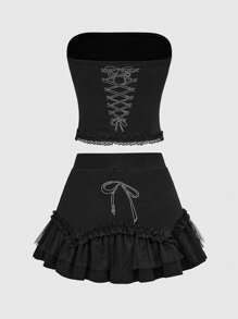 ROMWE Grunge Punk Bộ 2 trang phục lễ hội âm nhạc thời trang Y2K - Áo crop top ren tương phản đính đá & chân váy ngắn cạp trễ dành cho nữ - màu đen - Xem 2