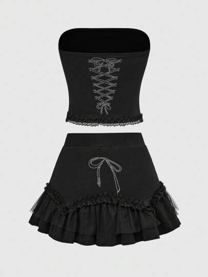 Grunge Punk Set de 2 piezas de outfit de moda Y2K para festivales musicales - Top corto halter con contraste de encaje y strass y minifalda de cintura baja para mujeres