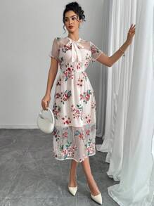 Breezaya Women's Asymmetric Floral Pattern Embroidered Mesh Patchwork Waist Midi Dress - Apricot - View 3