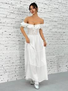 SHEIN EZwear Vestido largo casual de manga corta con corbata a la cintura para mujer, ideal para vacaciones