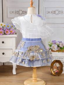 2 Pieces Young Girl Formal Dress Set: Sleeveless Chiffon Top With Bow Accent & Foil Printed Skirt Toddler Elegant Dress - White - View 2