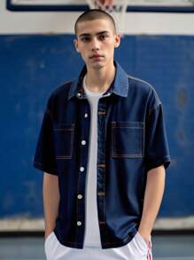 SHEIN Teen Boy Fashion Casual Blue Denim Comfortable Soft Short Sleeved Denim Shirt For Boys Soft Dailywear And The Four Seasonsr Teen Boy Clothes