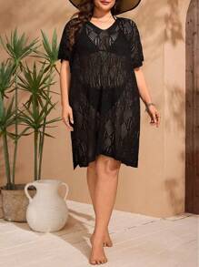 Swim Lushoire Plus Size Black Short Sleeve Hollow Geometric Pattern Loose Beach Cover Up For Women, Mid-Length, For Summer Vacation - Black - View 1