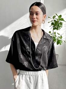FRIFUL Áo sơ mi đen in hoa cỡ lớn cho nữ, áo mùa hè - màu đen - Xem 6