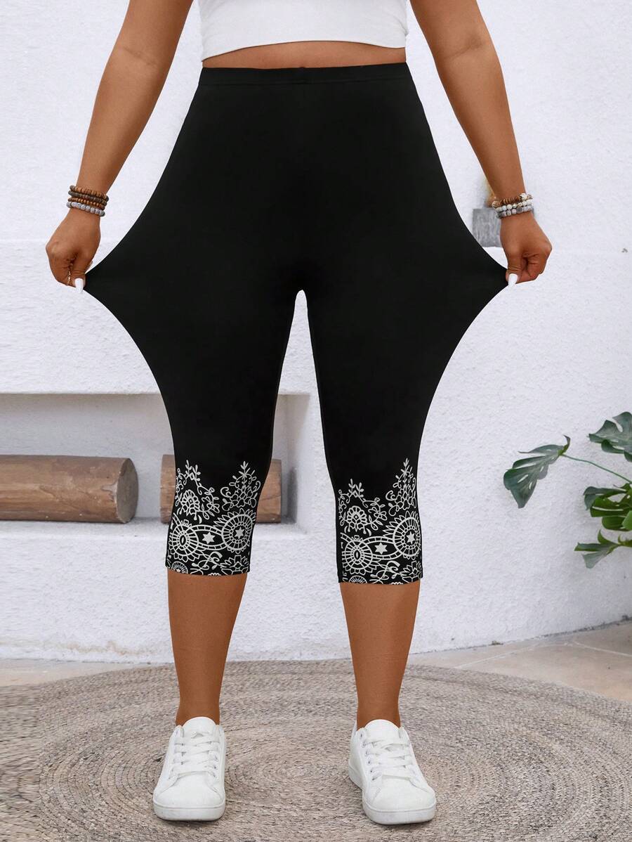 SHEIN LUNE Plus Size Women Floral Print Elastic Waist Casual Cropped Leggings