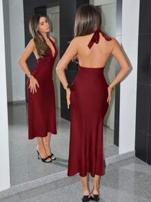 SHEIN ICON Sexy Backless Halter Neck Y2K Sexy Holiday New Years Burgundy Semi Formal Sexy Party Satin Long Dress - Burgundy - View 2