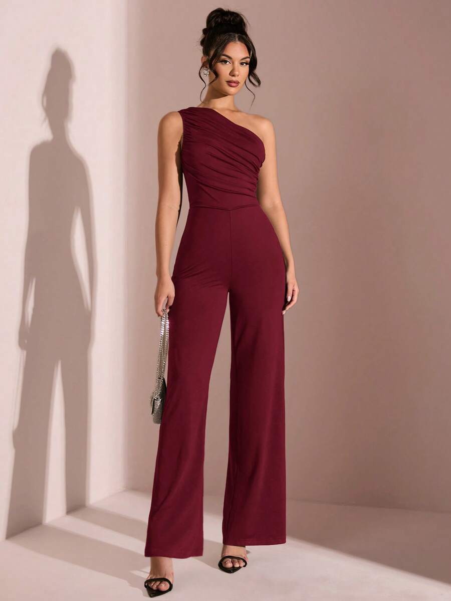 SHEIN BAE Tuta elegante di colore nero unito asimmetrica con spalla scoperta, adatta per appuntamenti quotidiani, uscite serali, discoteche, feste, ritrovi, feste cocktail, feste in piscina, abbigliamento da ufficio, tute da pendolare, tute da vacanza - Bordò - Visualizzare 1