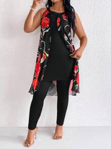 SHEIN LUNE Women 2pcs Set, Mesh Print Patchwork Halter Tank Top And Skinny Leggings - Black - View 4