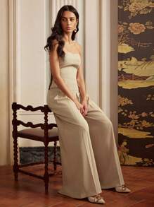 Anewsta Women's Knitted Patchwork Sleeveless Top And Wide-Leg Pants Set, Elegant Design, Suitable For Spring And Summer - Khaki - View 4