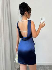 Selianne Women's Elegant Solid Color Backless Pearl Chain Decor Sleeveless Bodycon Mini Dress - Royal Blue - View 4