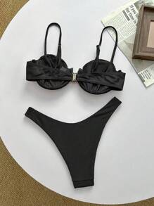Swim Basics Solid Color Spaghetti Strap Push Up Top And Bikini Bottom Swimwear Set, Women Summer Beach Outfits - Black - View 2