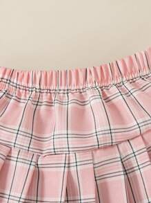 SHEIN 女宝宝粉色格子褶皱A字腰裙，优雅甜美学院风，适合春夏 - 粉色 - 查看 3