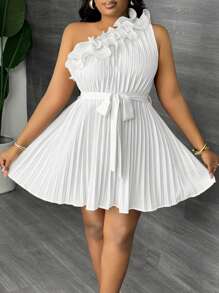 Slaydiva Plus Size Women Floral Ruffle Asymmetric Shoulder Wide Leg Jumpsuit,Graduation Dress - White - View 2