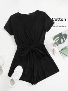 SHEIN EZwear Mono con cinturón tejido de canalé de cuello cruzado - Negro - Ver 1