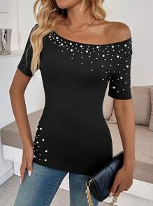 SHEIN Privé Women's Faux Pearl Decor Casual Slim Fit Open Shoulder Short Sleeve Top - Black - View 1