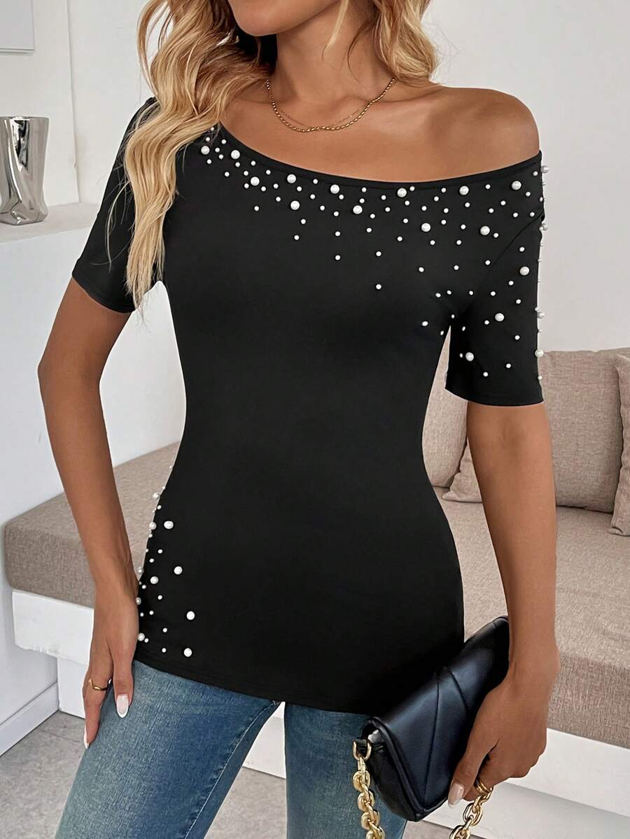 SHEIN Privé Women's Faux Pearl Decor Casual Slim Fit Open Shoulder Short Sleeve Top - Black - View 1