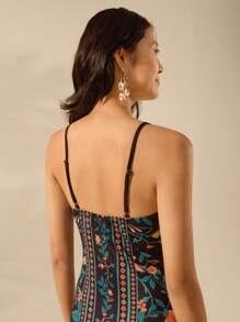 CAJUNI 女式波西米亚风热带花卉植物印花休闲度假无袖黑色中长细肩带连衣裙 - 彩色 - 查看 7