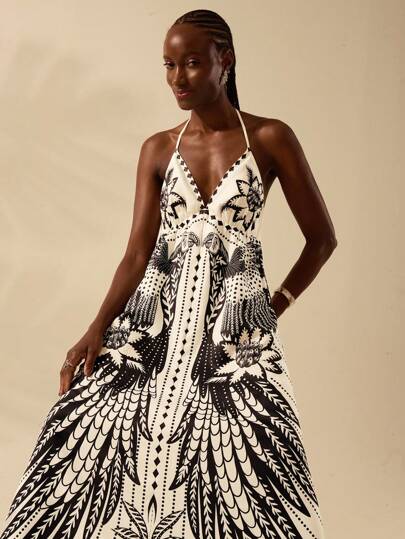 CAJUNI 女士度假热带波西米亚风印花细肩带系带休闲海滩夏季长裙