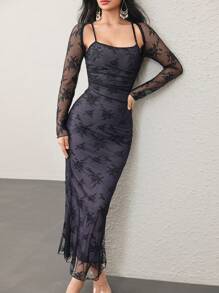 Modelyn Vestido de tirantes de encaje para mujer, de manga larga, plisado, ajustado, con bajo de cola de pez, elegante y sexy