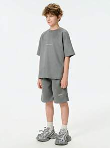SHEIN 2pcs Tween Boy Letter Print Drop Shoulder Tee And Shorts, Casual Set, School, Campus, College Summer Holiday - Multicolor - View 6