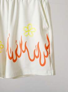 SHEIN مجموعة تي شيرت بأكمام قصيرة وشورت كاجوال بطبعة شعار للأولاد، مناسبة للصيف 2 قطعة/طقم - لون مشمشي - مشاهدة 6