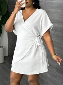 Slaydiva Plus Size Women Casual Commuter Tie-Up Waist V-Neck Office Dress, Suitable For Business Lady,Graduation Dress