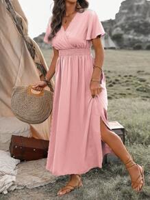 EMERY ROSE Plus Size Women's Waist Wrap & Ruffle Sleeved Dress, For Christmas Maxi Women Outfit - Pink - View 6