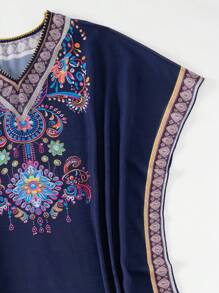 SHEIN Swim New Bohemian V-Neck Positioned Print Short Sleeve Long Pants Beach Cover-Up Outfit Women Springbreak Summer Festival Boho - Navy Blue - View 7