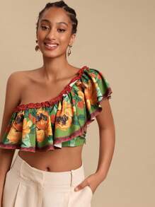 Travachic Blusa casual de vacaciones con cuello asimétrico y estampado floral para mujer, atuendos de verano para mujer, blusas de verano