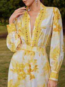 Anewsta Conjunto de dos piezas de mujer tejido, posicionamiento a la moda, estampado con empalme, pequeños detalles de encaje, elegante conjunto de dos piezas amarillo de primavera - Amarillo - Ver 6