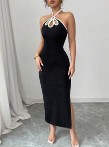 Rafferiza Đầm ôm body hở lưng hở lưng gợi cảm phong cách Pháp thanh lịch cho nữ - Đen và trắng - Xem 5