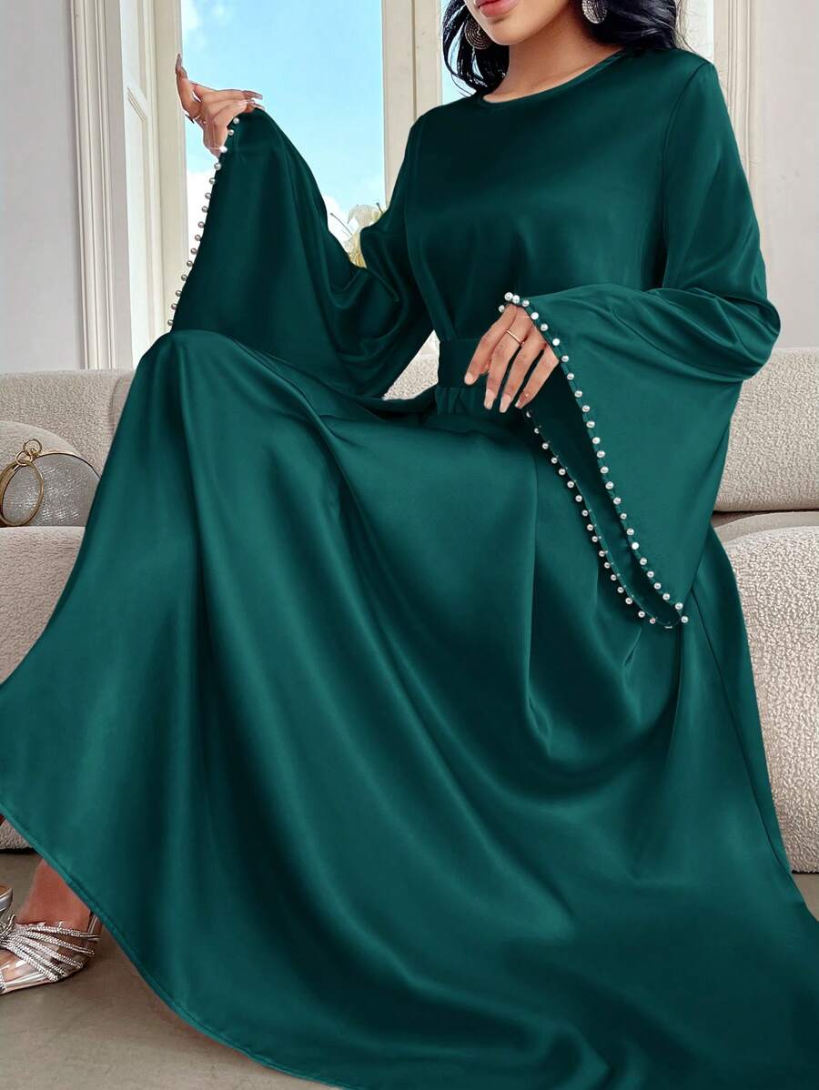 Al Najma 女士优雅纯色喇叭袖长裙，春/夏，朴素优雅的 A 字型阿拉伯连衣裙，适合晚会/婚礼嘉宾/周年纪念/日常穿着 - 墨綠色 - 查看 1