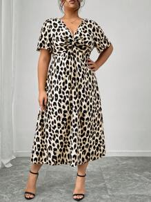 Firerie Plus Size Fall Vintage Leopard Print Kortärmad Kink Cinched midja Klänning - Aprikos - Visa 4