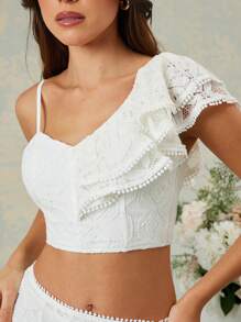 L'Amorae Romantic Spring Summer Ruffle One Shoulder Lace Detail Crop Top