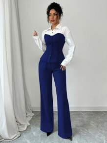 Gloray 2 sztuki/zestaw Kontrastowa kolorowa bluzka i spodnie Slim Fit, wyszczuplające