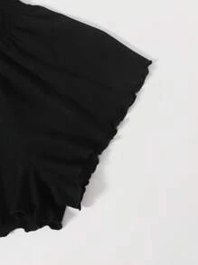 SHEIN VCAY Shirred Waist Lettuce Trim Black Shorts - Black - View 6