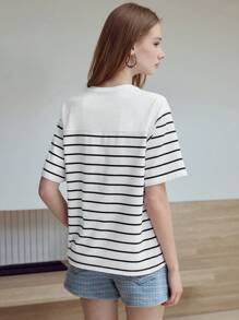 MOTF STUDIO Camiseta con estampado de rayas y perlas falsas