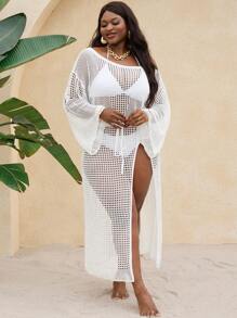 SHEIN Swim Plus Size Knit Crochet Long Cover Up, Suitable For Vacation For Summer