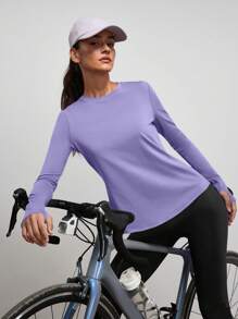 SHEIN Sports Women's Solid Color Crew Neck Long Sleeve Daily Fitness Outdoor T-Shirt - Purple - View 1