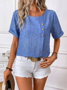 SHEIN LUNE 女士休闲节日拼色条纹仿亚麻短袖纽扣装饰圆领衬衫，春夏 - 藍色 - 查看 1