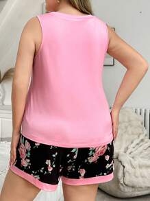 Plus Size Floral Print Sleeveless Tank Top And Shorts Loungewear Set, Casual Pajamas , Outfits